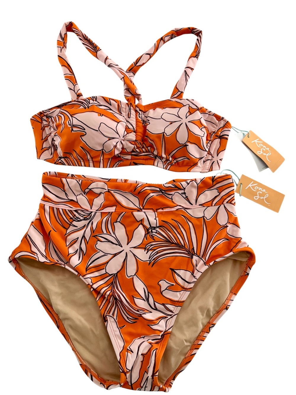 Kona Sol Orange and Light Pink Floral High-Waist Two-Piece Bikini